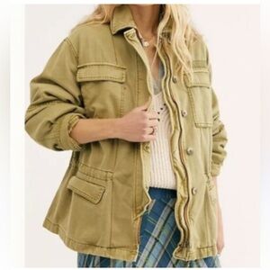 Free People Sieze The Day Military Utility Jacket Drawstring BOHO Army Khaki EUC